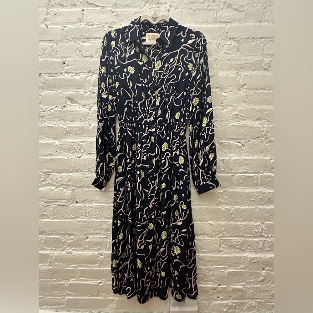 Scotch & Soda Amsterdam knee length shirt dress with navy/pink pattern